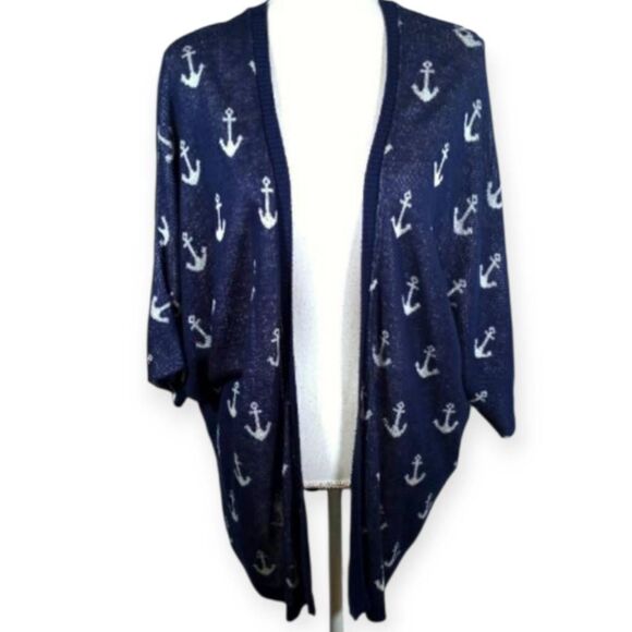 WINDSOR NAVY W/WHITE ANCHOR PRINT DOLMAN SLEEVE CARDIGAN SZ. S/M EUC. - Picture 1 of 3